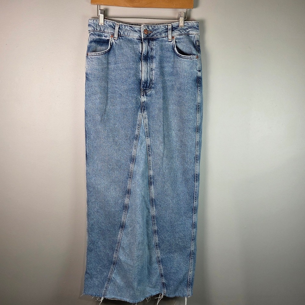 Zara Denim Maxi Skirt Women Size S Light Wash Excellent Raw Hem Long Slit 90s
